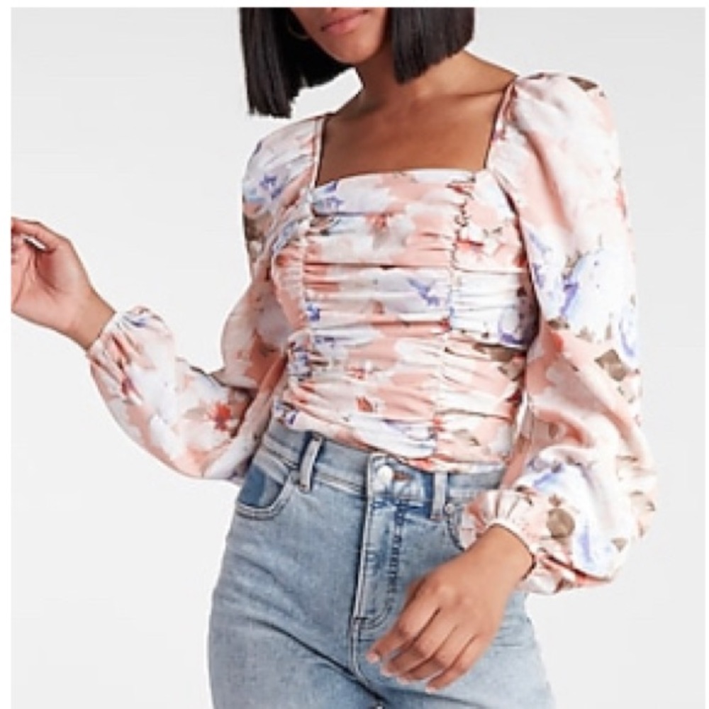 Express Floral Print Square Neck Ruched Front Top, Size M
